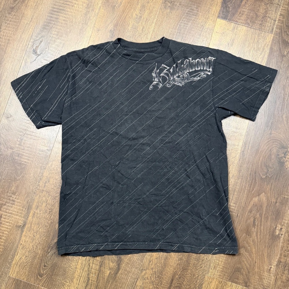 Billabong Y2K Black All Over Print Graphic T Shirt Gothic Surf Size M